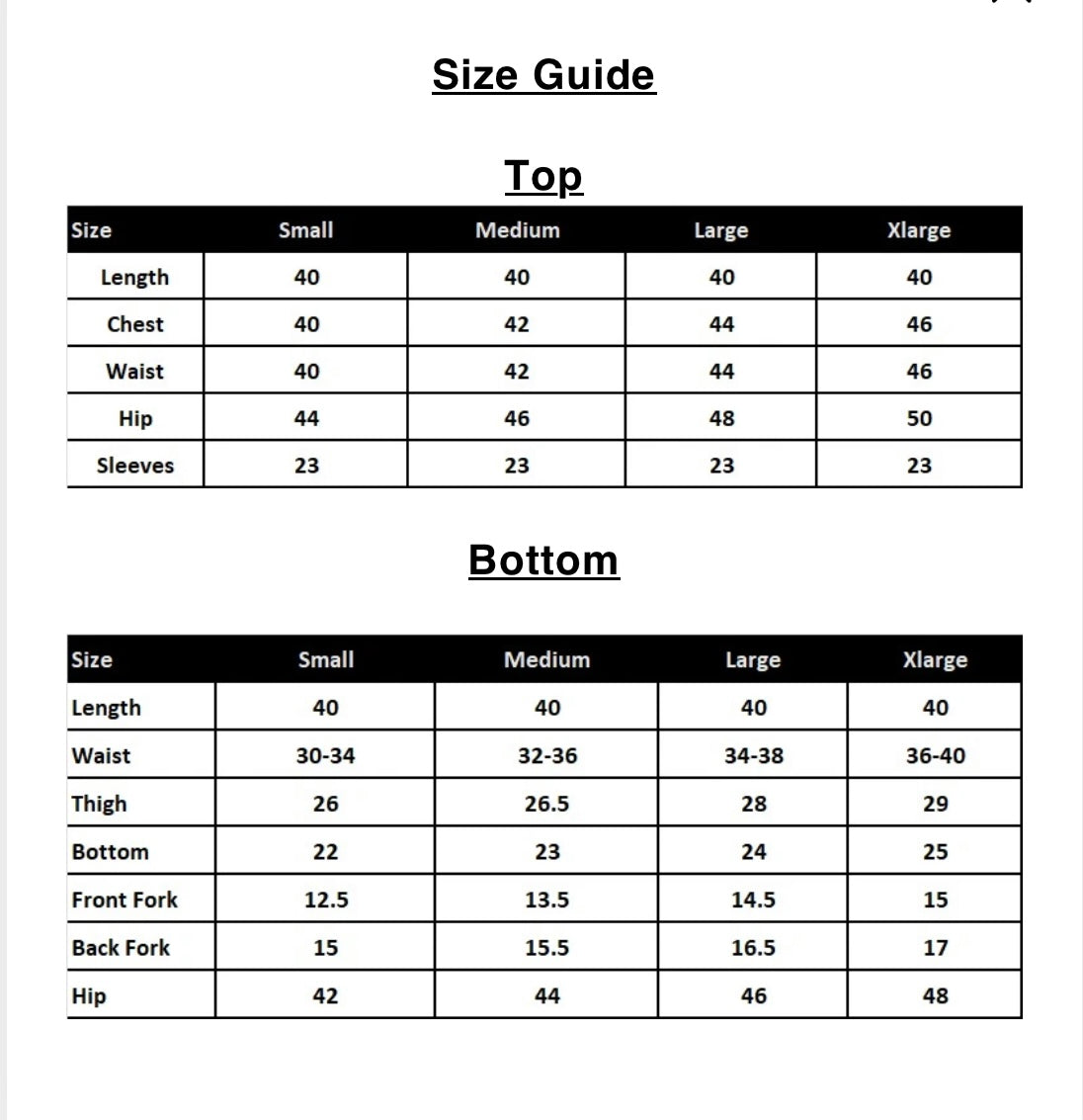 Size chart for SERENE SET