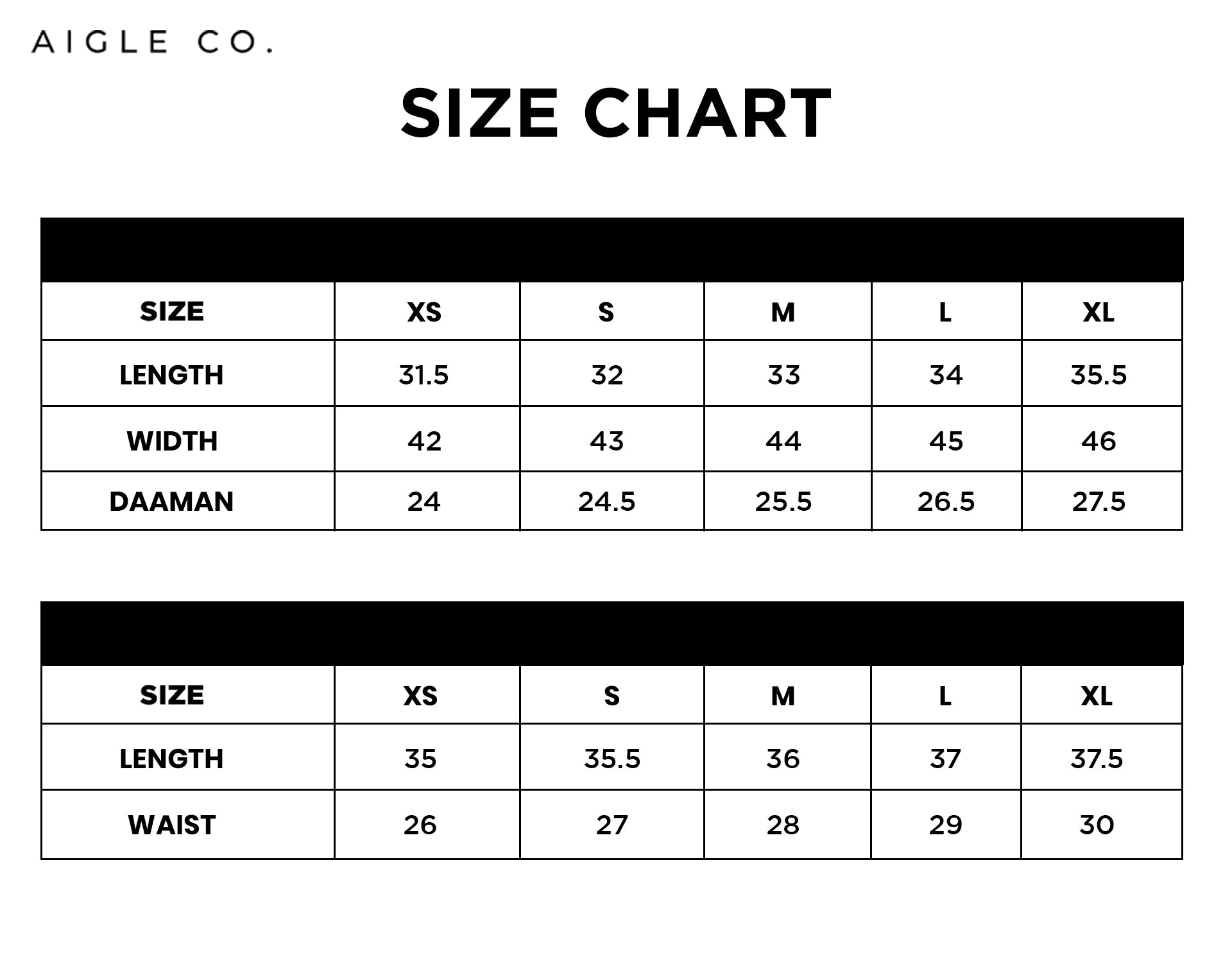 Size chart for MIRAYE