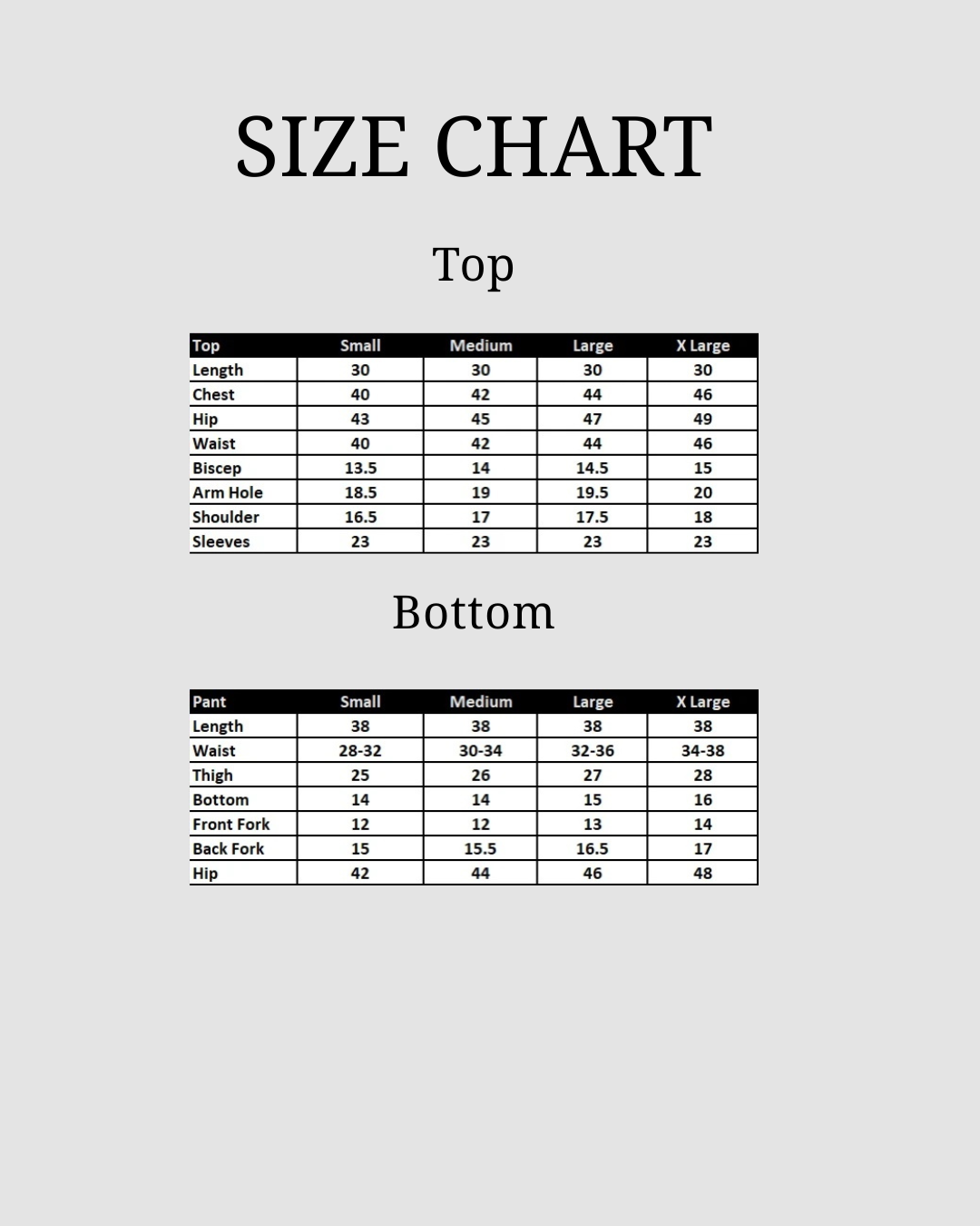 Size chart for ZYRA SET