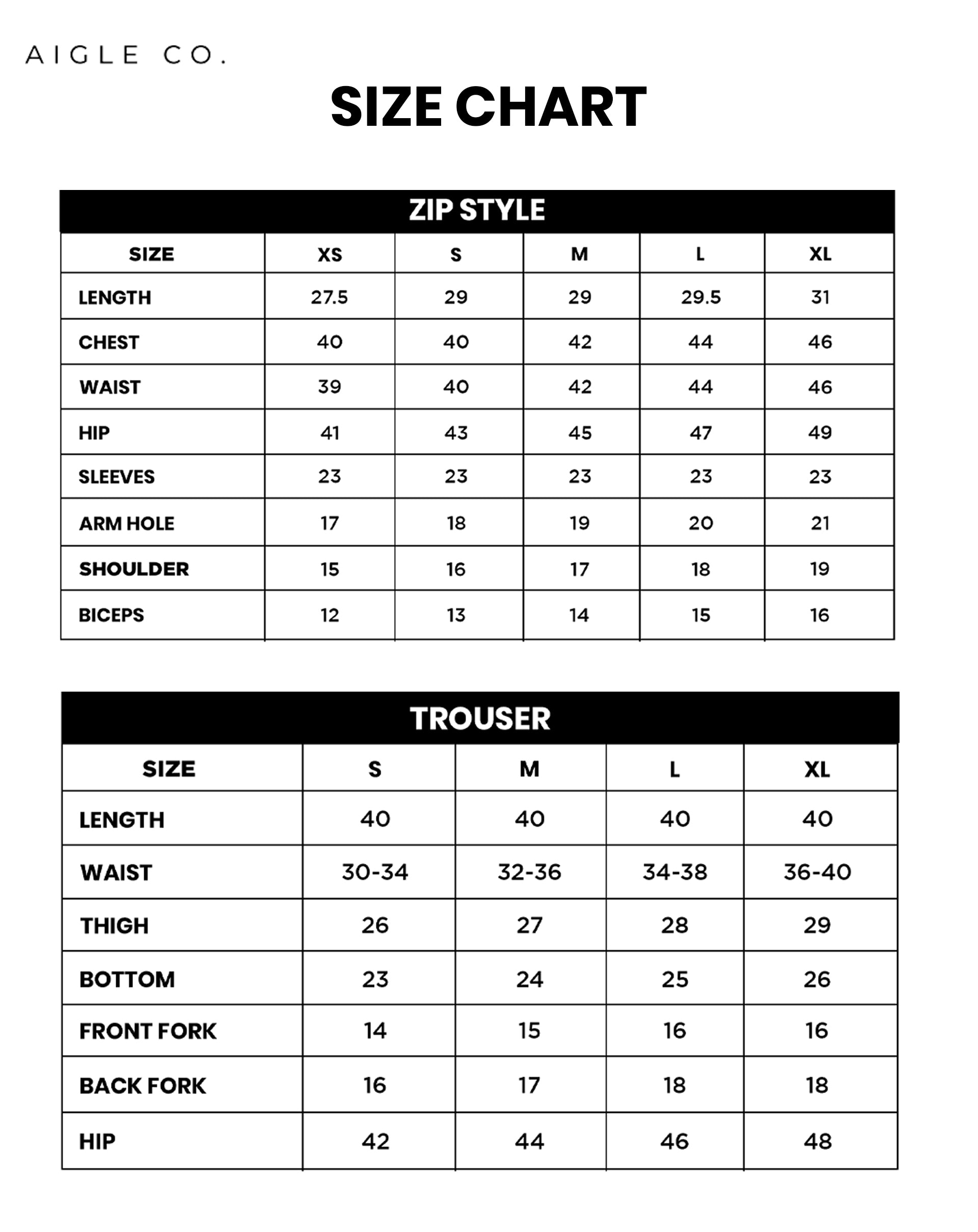 Size chart for ARAINA