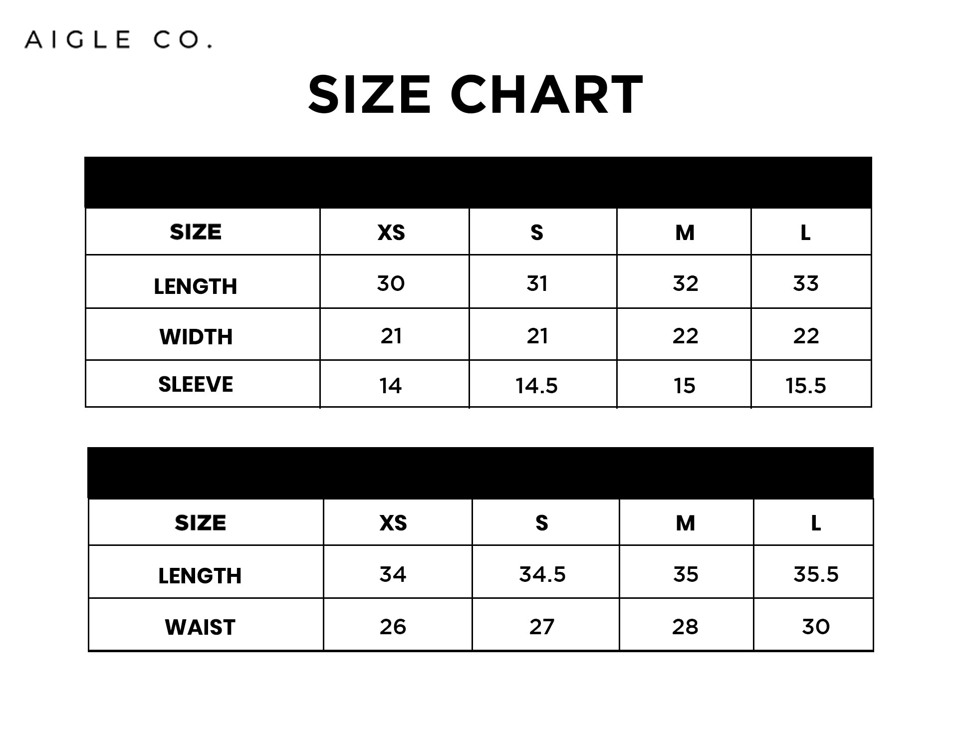 Size chart for VELVOUR SET
