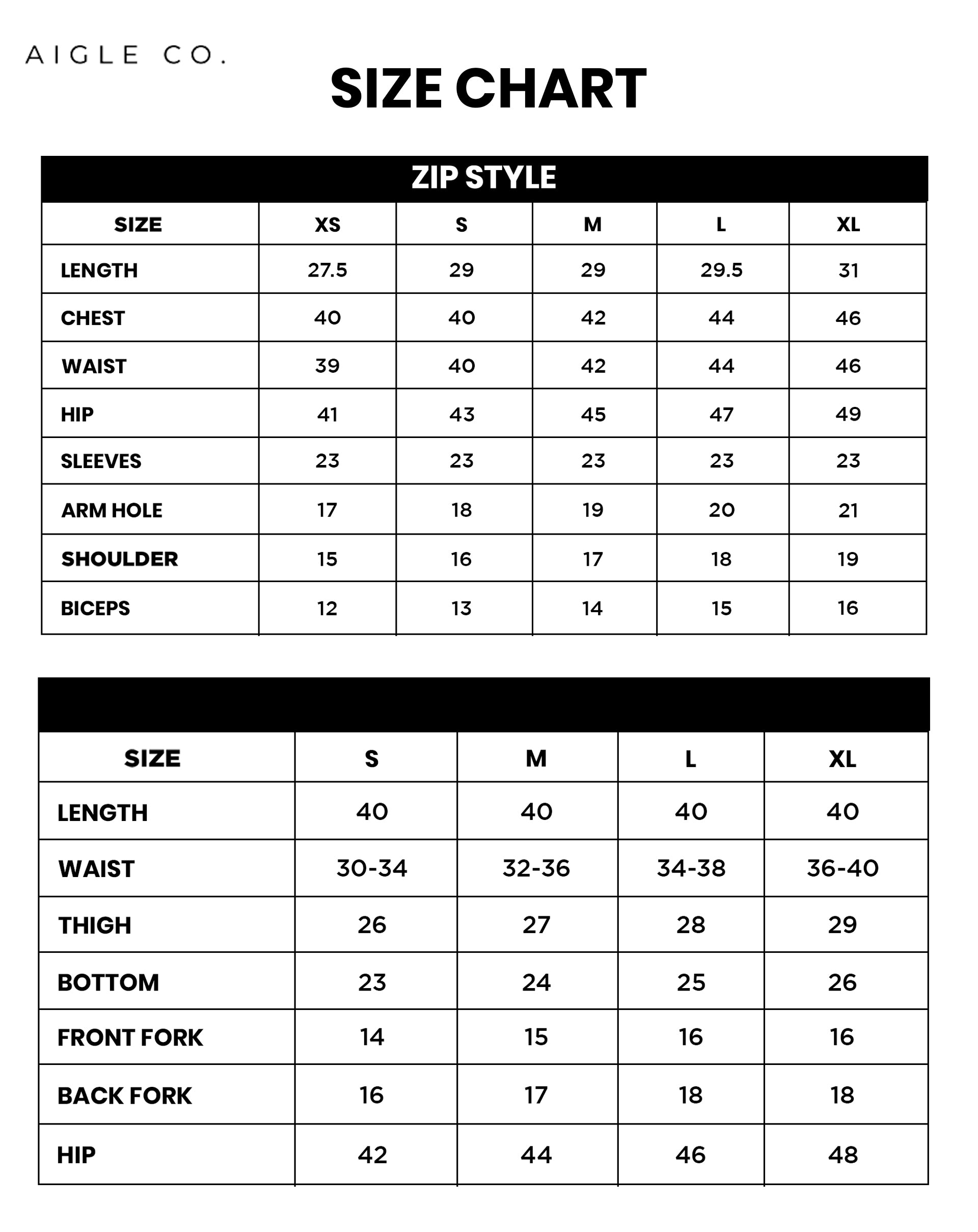 Size chart for MIRIN